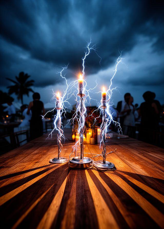 Sommerabend auf einer Terrasse mit Gewitterleuchten, Blitz-Haltern und langen Schatten zwischen Gästen