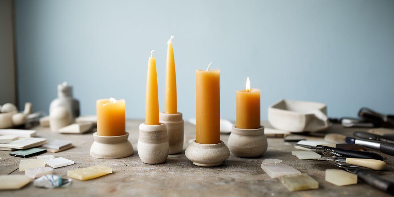 Bespoke meteorological candles and handcrafted holders arranged on a raw studio table with samples, tools and daylight shadows
