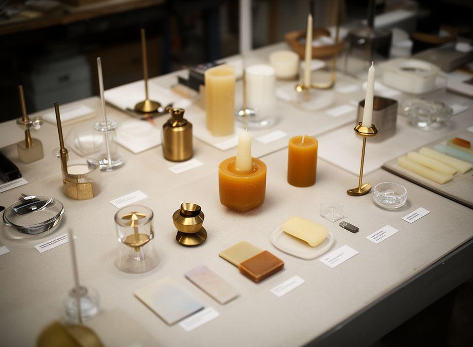 Auswahl bespoke Kerzenaccessoires auf einer Werkbank mit Messing, Glas und Wachsproben