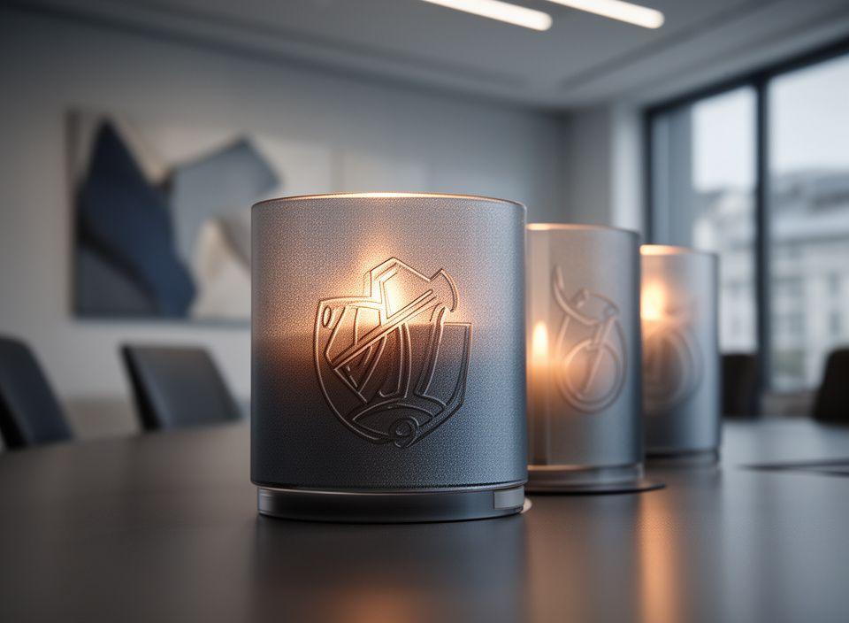 Firmen-Kerzenhalter mit geprägtem Logo in einem modernen Besprechungsraum mit gedämpftem Licht
