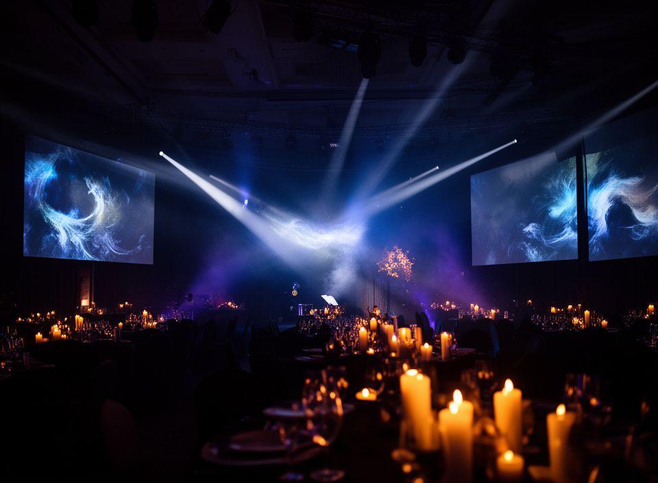 Eventbeleuchtung für eine Meteorologie-Gala mit wechselnden Wettereffekten in einem dunklen Saal