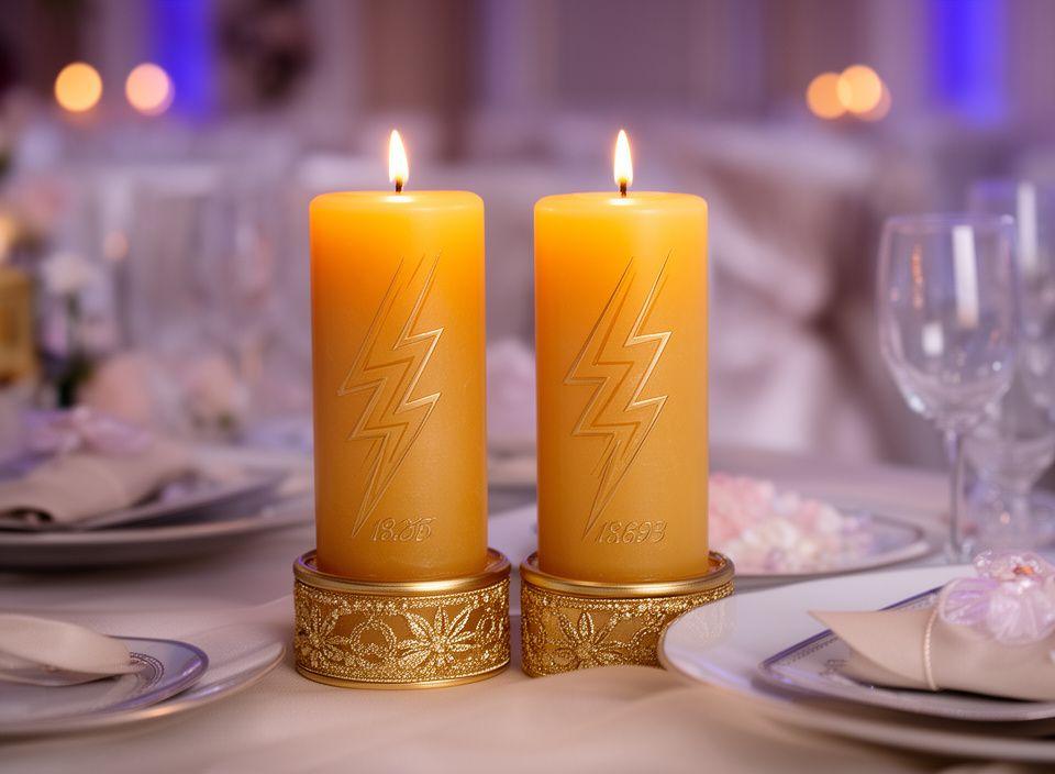 Hochzeitskerzen mit eingraviertem Blitzsymbol und Initialen auf einem festlich gedeckten Tisch in Zürich