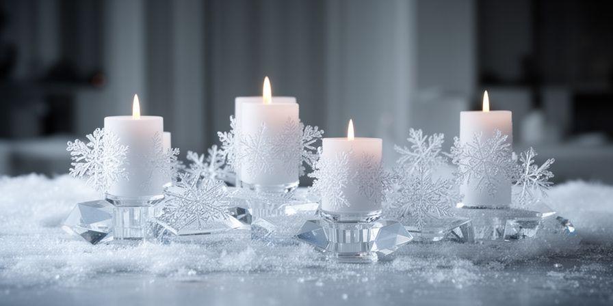 Winterliche Tafel mit Schneeflocken-Kerzen, Eiskristall-Haltern und weissen Textilien in einem ruhigen Innenraum