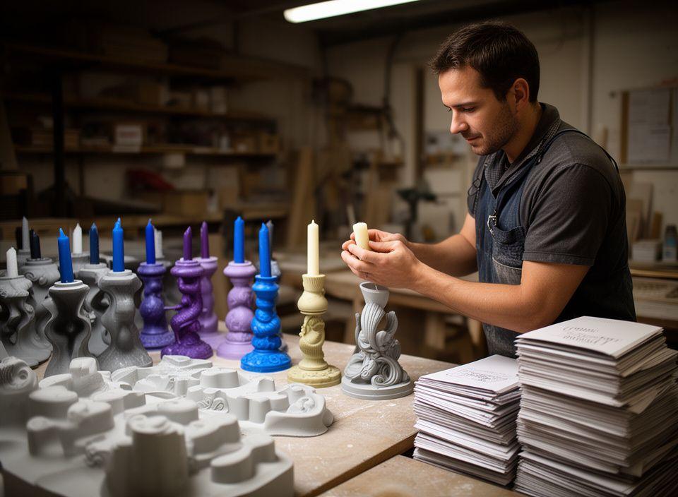 Craftsman inspecting decorative candle holders beside meteorology-inspired moulds and neatly stacked packaging in a Zurich workshop