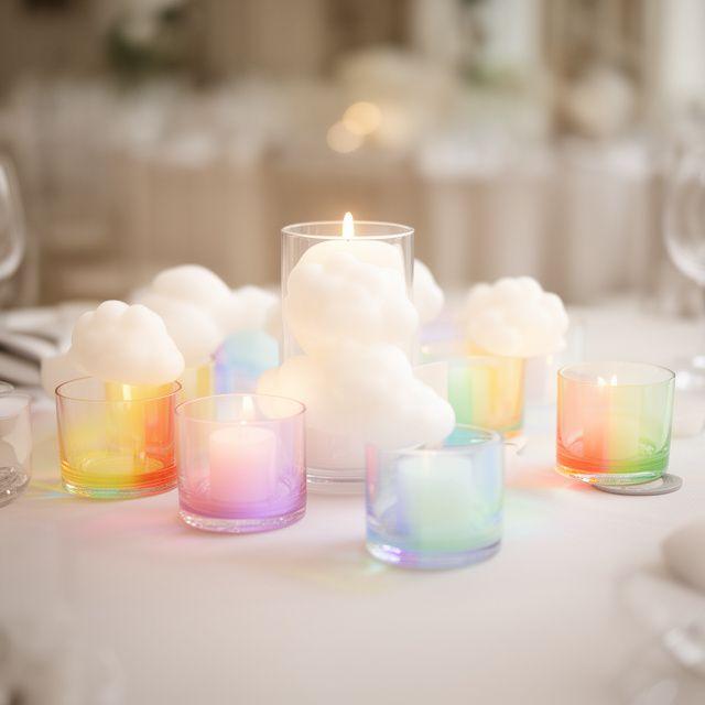 Hochzeitsdekoration mit halbtransparenten Regenbogen-Haltern und weissen Cumulus-Kerzen auf einer festlichen Tafel